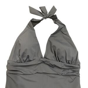 Lands End Womean charcoal gray lounge v-neck one-piece halter swimsuit, Size 14